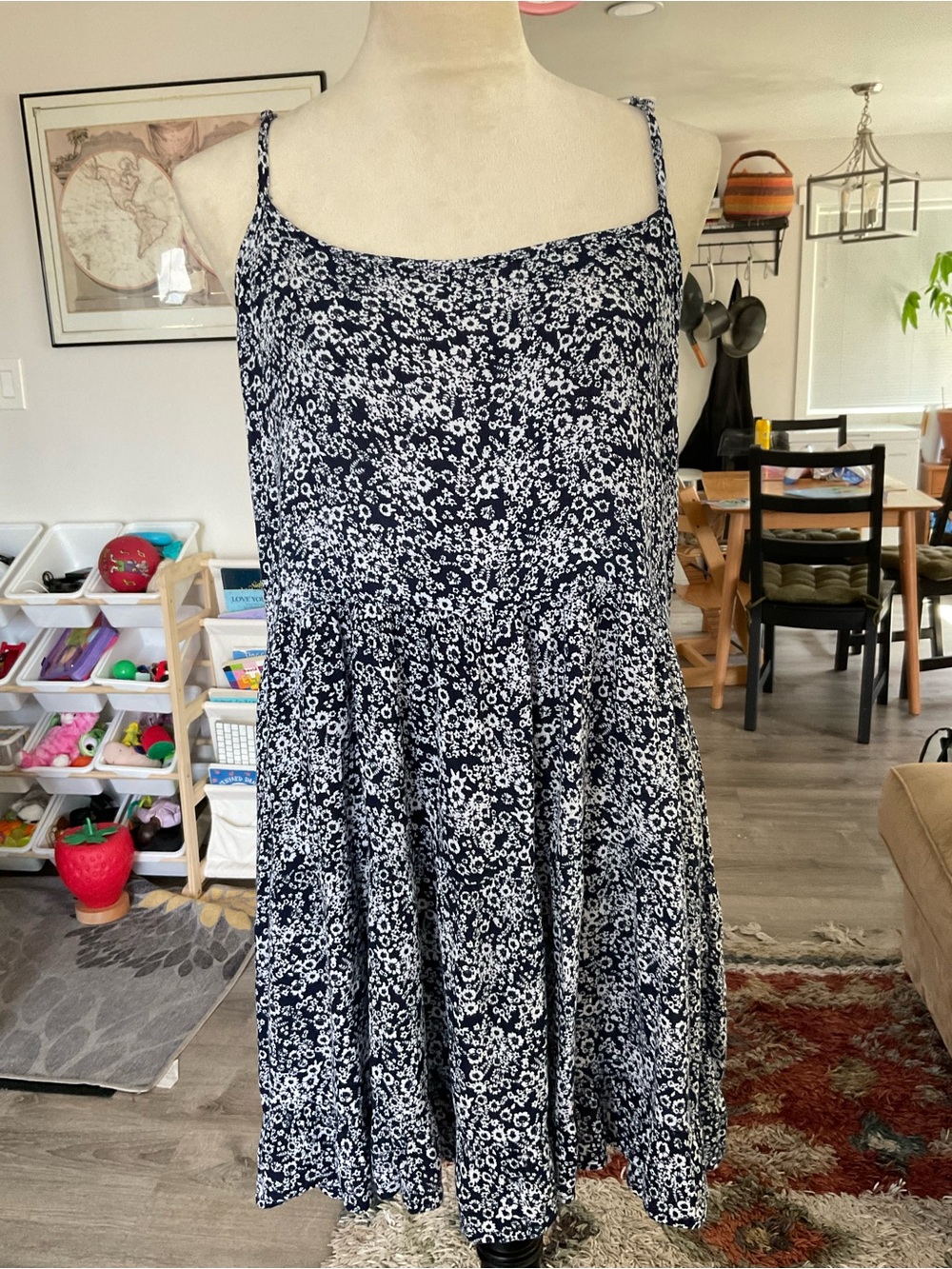 Flowy Boho Summery Floral Mini Dress Large Blue and White